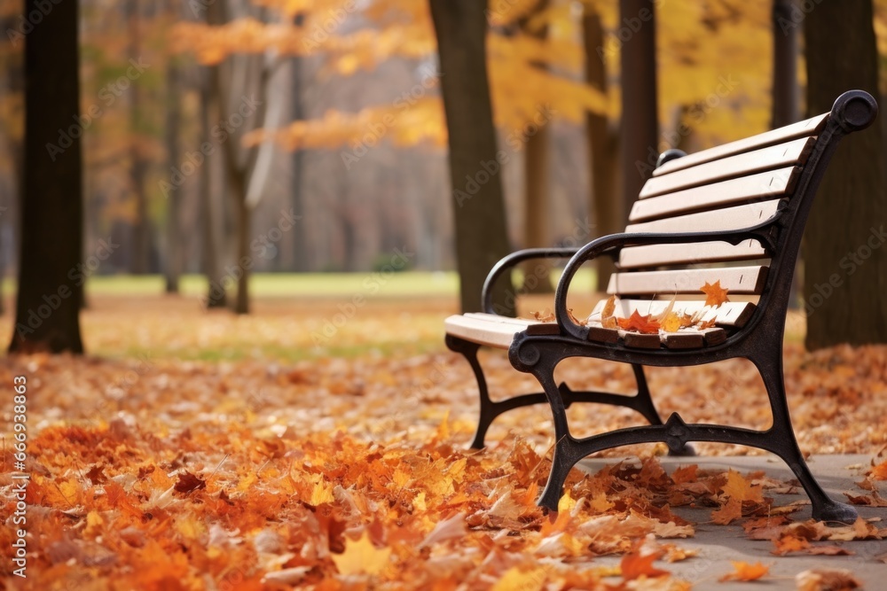 Poster falling autumn leaves on an empty park bench