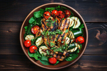 Grilled vegetables and chicken fillet salad with spinach, Paprika, zucchini, eggplant, tomatoes on rustic wooden table background, top view, aesthetic look