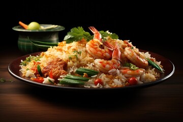 A plate of Khao Pad,fried rice with various ingredients, such as shrimp, chicken, or vegetables