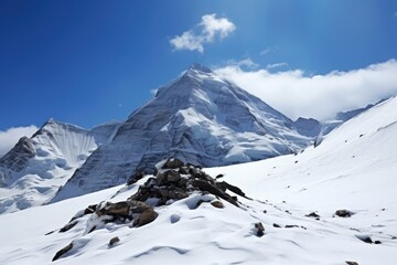 Fototapeta na wymiar snowy summit of a mountain, as seen from base camp