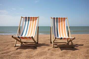 two deck chairs side by side on a beach