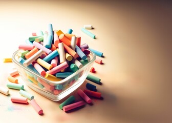 AI generated illustration of a rectangular clear box with brightly colored chalk sticks - obrazy, fototapety, plakaty