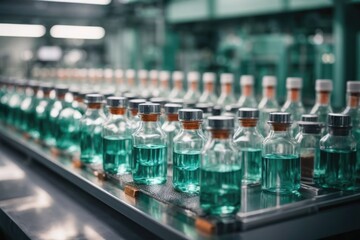 A pharmaceutical factory’s production line shows medical vials being manufactured and filled with medicine. A pharmaceutical machine is shown working on the production line, filling glass bottles with