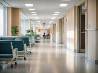 In a hospital hallway, with the reception clinic in view, the background remains intentionally unfocused, creating an atmosphere of bustling activity and medical care.