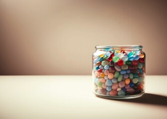 Obraz premium AI generated illustration of a glass container filled with vibrant, multicolored sea glass