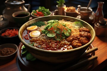 A bowl of Boat Noodles, a noodle soup with various types of noodles, broth, and toppings, such as beef, pork, or meatballs