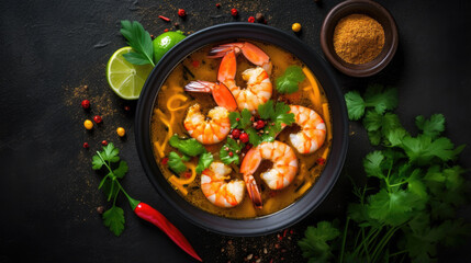 bowl of tom yam on a black background, Thai cuisine, shrimp, coconut milk, hot, spicy, restaurant, cooking, dish, pepper, hot soup, food photo, delicious, national, recipe, plate