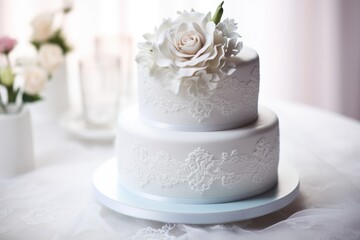 a beautiful wedding cake with decorative icing - obrazy, fototapety, plakaty