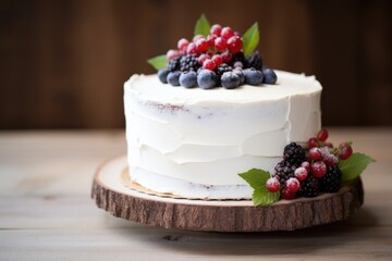 a single-tiered rustic iced cake topped with fresh berries