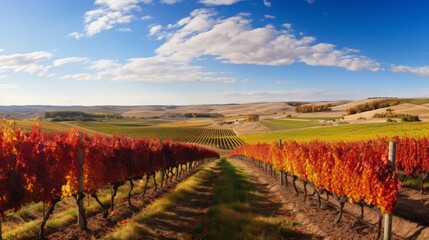 A panoramic view of a vineyard in the autumn harvest