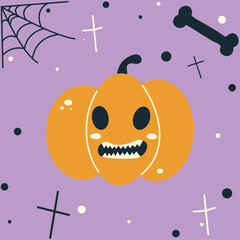 Halloween biting pumpkin face - biting Jack o lantern, autumn holidays banner. Jack o lantern icon emotion. Vector illustration.