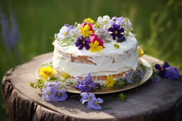 Obraz na płótnie Canvas a sponge cake adorned with fresh wildflowers