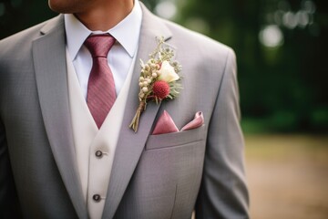 grooms suit with boutonniere attached - obrazy, fototapety, plakaty