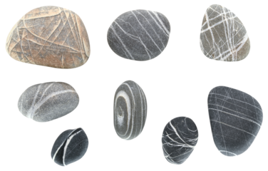 Set of Various striped sea pebble stones isolated on a transparent background.