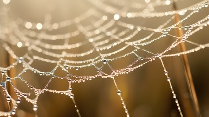 A macro shot of dew-covered spider silk in sunlight