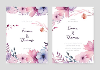 Pink and purple violet cosmos and sakura beautiful wedding invitation card template set with flowers and floral