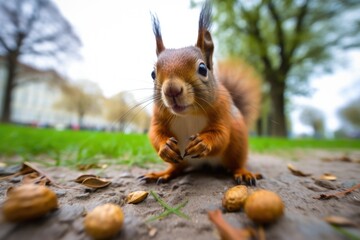 a close-up of a squirrel eating nuts in a park - obrazy, fototapety, plakaty