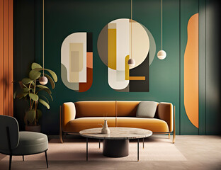 A green living room with geometric art hung above, in the style of dark teal and amber, rounded forms, abstract minimalistic compositions, minimalistic modern, white and beige, colourful