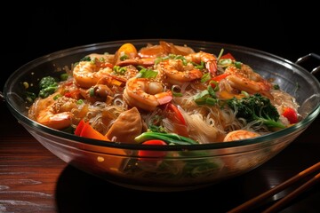 A close-up of a bowl of Pad Woon Sen, stir-fried glass noodles with chicken, shrimp, or vegetables