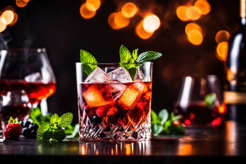 Refreshment alcoholic cocktail with ice, mint and berries in a bar, night club party with soft drinks, against the background of a bar counter with different bottles