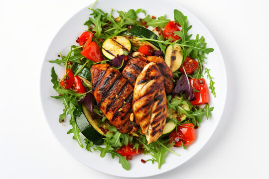 Grilled chicken and vegetables salad with spinach and arugula, Paprika, zucchini, eggplant, tomatoes on white table background, top view, aesthetic look
