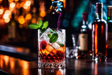 Refreshment alcoholic cocktail with ice, mint and berries in a bar, night club party with soft drinks, against the background of a bar counter with different bottles - obrazy, fototapety, plakaty