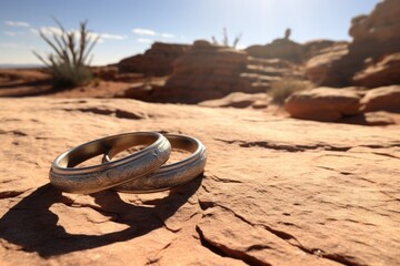 two wedding rings on a weathered sandstone under the desert sun