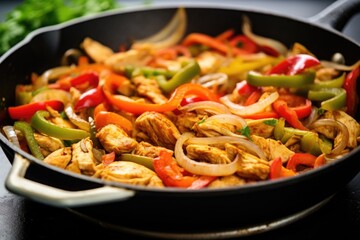 stirring onions and peppers in skillet with chicken fajita