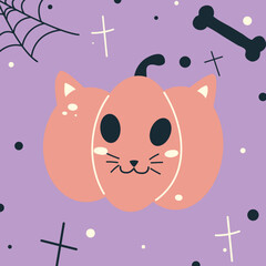 Halloween cat pumpkin face - cat ears and nouse Jack o lantern, autumn holidays banner. Jack o lantern icon emotion. Vector illustration.