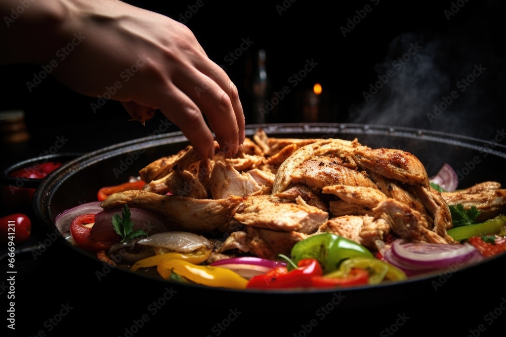 Sticker hand pulling apart a hot, steamy chicken fajita