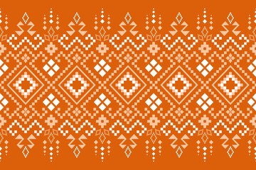 Orange vintages cross stitch traditional ethnic pattern paisley flower Ikat background abstract Aztec African Indonesian Indian seamless pattern for fabric print cloth dress carpet curtains and sarong - obrazy, fototapety, plakaty