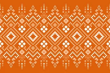 Fotobehang Orange vintages cross stitch traditional ethnic pattern paisley flower Ikat background abstract Aztec African Indonesian Indian seamless pattern for fabric print cloth dress carpet curtains and sarong © Happy.Panda789