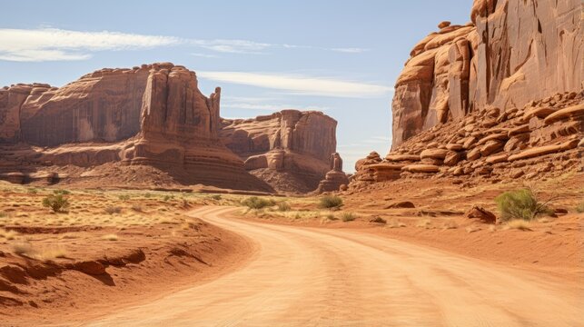 A desert road with towering sandstone formations