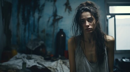 A depiction of a despondent woman, appearing weary and sorrowful, in a disheveled and unkempt living space.