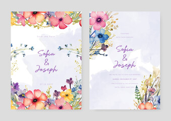 Colorful colourful cosmos floral wedding invitation card template set with flowers frame decoration