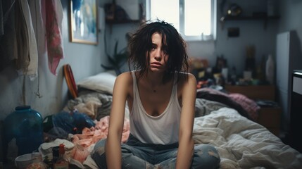 A depiction of a despondent woman, appearing weary and sorrowful, in a disheveled and unkempt living space.