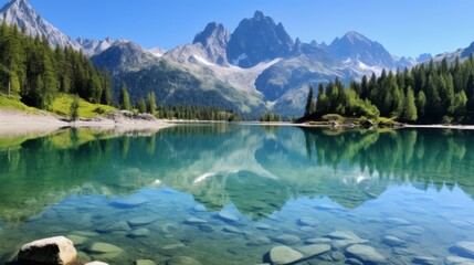 Fototapeta na wymiar A crystal-clear alpine lake reflecting surrounding peaks