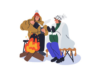 Women friends warming with hot drink and fire in cold weather. Happy girls sitting at campfire, bonfire with tea mugs, relaxing in winter. Flat graphic vector illustration isolated on white background