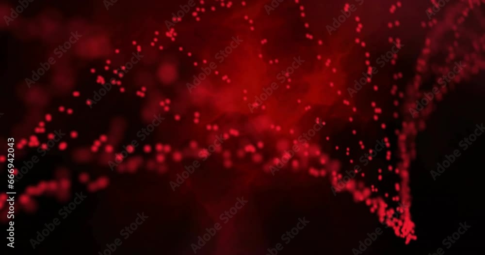 Wall mural animation of white particles forming a dna structure and red digital wave against black background