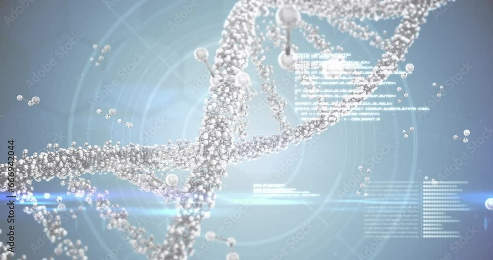 Poster animation of dna, molecular structures and data processing against blue gradient background