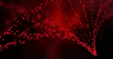 Animation of white particles forming a dna structure and red digital wave against black background - Powered by Adobe