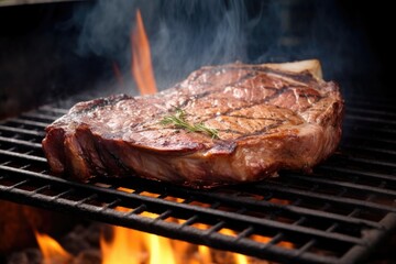 t-bone steak on a grill with smoke rising