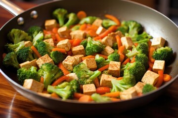 tofu, broccoli, and carrot stir-fry in a wok