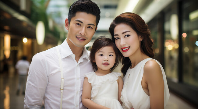 A happy vogue fashion Asian family with bright solid light color clothes in the shopping mall