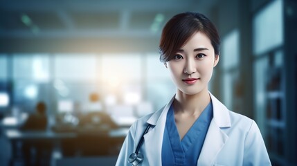 Fototapeta premium Asian female doctor with hospital background, Chinese doctor happy with health concept