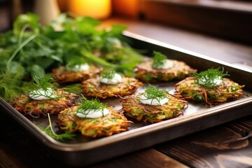 veggie latkes decorated with fresh herbs on a tray