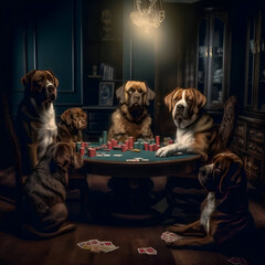 Group of dogs playing poker at the table in a dark room.