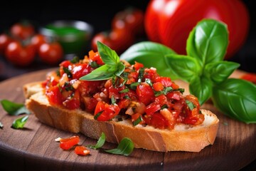close-up of a slice of bruschetta topped with diced tomatoes and fresh basil