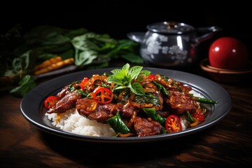 A plate of Pad Kra Pao Moo Grob with Nam Prik Ong, stir-fried holy basil with crispy pork belly and chili paste. - obrazy, fototapety, plakaty