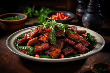 A plate of Pad Kra Pao Moo Grob with Nam Prik Ong, stir-fried holy basil with crispy pork belly and chili paste. - obrazy, fototapety, plakaty
